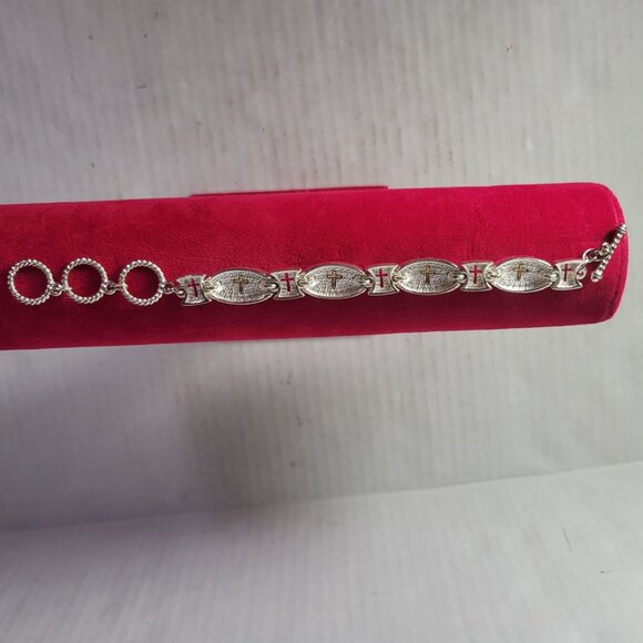 Silver & Gold-Tone Cross Bracelet With Oval Links & Toggle Clasp - Picture 4 of 4